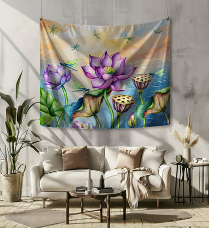 Frolicking Lotus Dragonflies Wall Tapestries