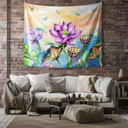 Frolicking Lotus Dragonflies Wall Tapestries